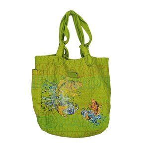 Ed Hardy Quilted Green Tote Bag With Fish Embroidery & Logo Design